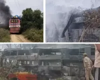 जयपुर से 50 किलोमीटर दूर चिंगारियों ने निगली 3 ज़िंदगियां : मनोहरपुर में मजदूरों से भरी बस हाईटेंशन लाइन से टकराने के बाद बनी आग का गोला, सिलेण्डरों में भी धमाका; 10 गंभीर झुलसे 