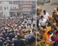 कांग्रेस मुख्यालय के घेराव के दौरान भाजपा युवा मोर्चा और पुलिस में धक्का-मुक्की : पुलिस ने बैरिकेडिंग लगाकर रोका, राहुल गांधी के खिलाफ की नारेबाजी 
