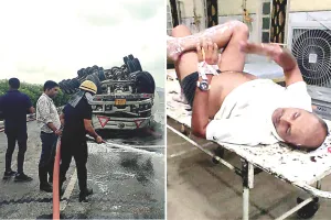 ब्यावर में जालिया जीरो पुलिया पर हादसा : कैमिकल से भरा टैंकर सड़क पर पलटा, चालक की मौत, खलासी झुलसा