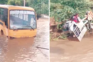 चालक की लापरवाही बच्चों पर भारी : स्कूल बस बारिश के पानी में फंसी, हाईड्रा मशीन की टोकरी से बच्चों को सुरक्षित निकाला