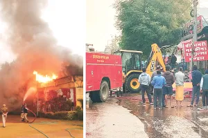 नमकीन की दुकान में धधकी आग : तंग गलियों से संघर्ष कर दमकलें पहुंची, सिलेण्डरों को सुरक्षित निकाला