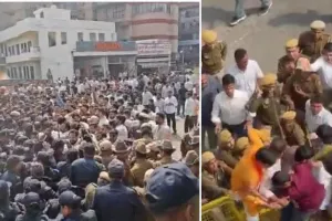 कांग्रेस मुख्यालय के घेराव के दौरान भाजपा युवा मोर्चा और पुलिस में धक्का-मुक्की : पुलिस ने बैरिकेडिंग लगाकर रोका, राहुल गांधी के खिलाफ की नारेबाजी 