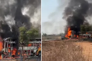 कर्नाटक में बस की कार से टक्कर : कार जलकर खाक, हादसे में 6 लोगों की मौत