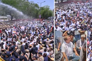 नीट पेपर लीक के विरोध में कांग्रेस का प्रदर्शन : बैरिकेड्स पर चढ़े कार्यकर्ताओं पर पुलिस ने किया वाटर कैनन का इस्तेमाल, धरने पर बैठे खाचरियावास